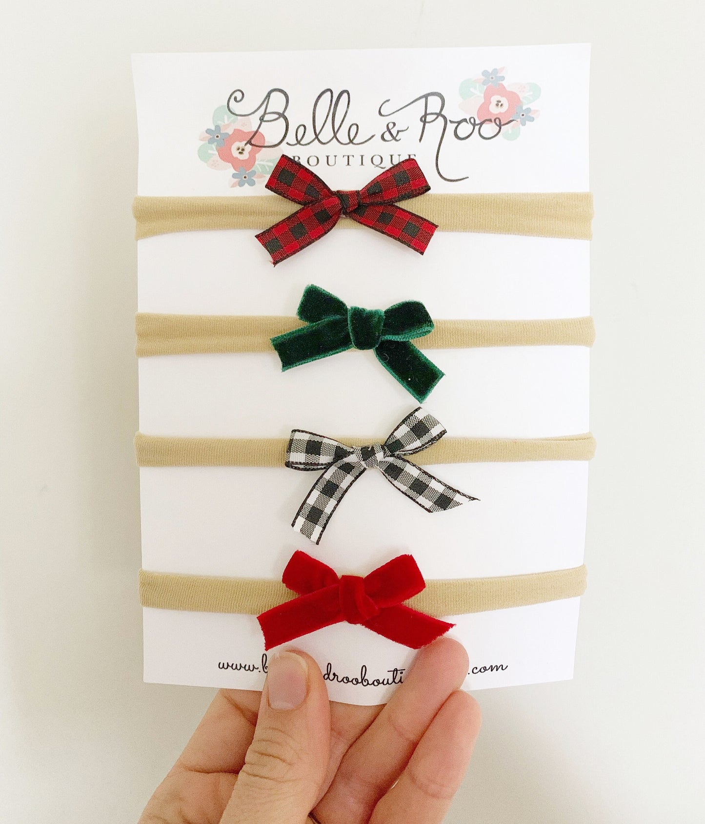 Baby Christmas ribbon nylon  headbands. Red plaid ribbon. Black plaid ribbon. Red velvet. Green velvet. Christmas headband set. Newborn girl